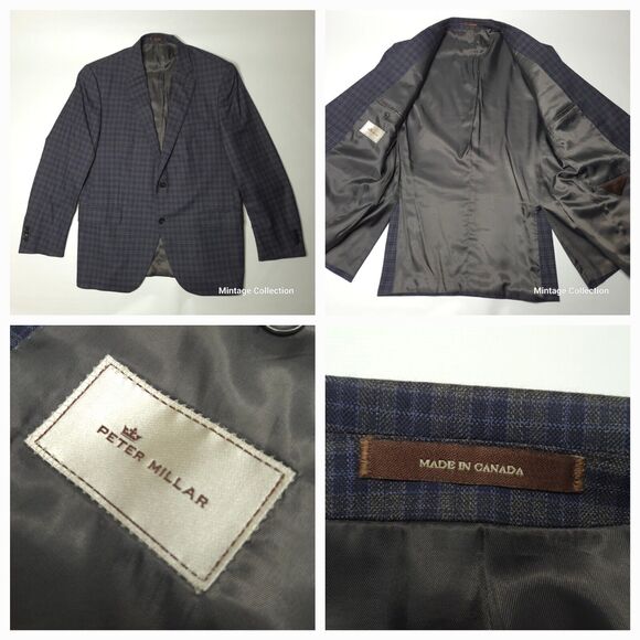 Peter Millar Flynn Classic Fit Blue Gray Plaid Wool Sport Coat Blazer Jacket 42R